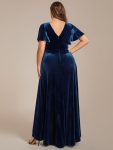 Double V-Neck Short Sleeves Stretchy Velvet Evening Dress with Lotus Leaf Hem – Navy Blue