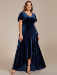 Double V-Neck Short Sleeves Stretchy Velvet Evening Dress with Lotus Leaf Hem – Navy Blue