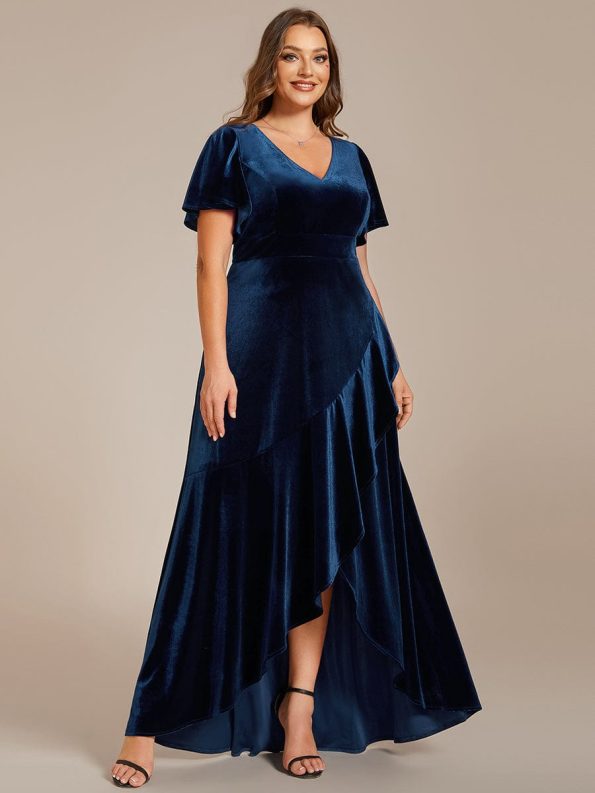 Double V-Neck Short Sleeves Stretchy Velvet Evening Dress with Lotus Leaf Hem - Navy Blue