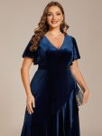 Double V-Neck Short Sleeves Stretchy Velvet Evening Dress with Lotus Leaf Hem – Navy Blue