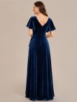 Double V-Neck Short Sleeves Stretchy Velvet Evening Dress with Lotus Leaf Hem – Navy Blue