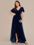 Double V-Neck Short Sleeves Stretchy Velvet Evening Dress with Lotus Leaf Hem – Navy Blue