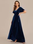 Double V-Neck Short Sleeves Stretchy Velvet Evening Dress with Lotus Leaf Hem – Navy Blue