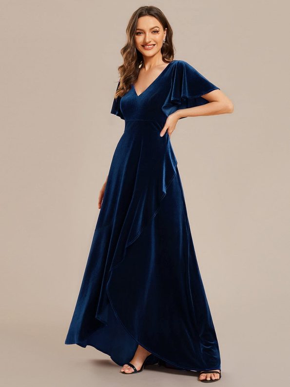 Double V-Neck Short Sleeves Stretchy Velvet Evening Dress with Lotus Leaf Hem - Navy Blue