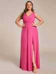 Glittery Sleeveless Double V-Neck Side Slit A-Line Formal Evening Dress – Hot Pink