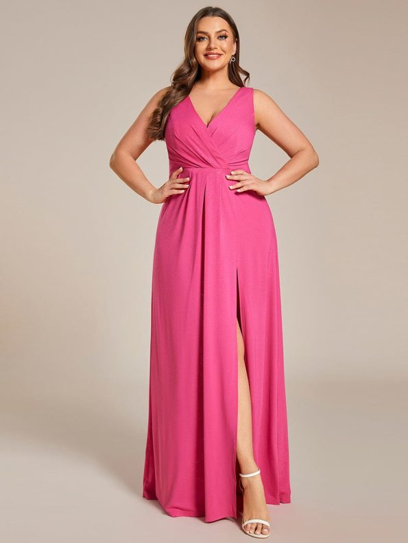 Glittery Sleeveless Double V-Neck Side Slit A-Line Formal Evening Dress - Hot Pink