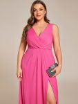 Glittery Sleeveless Double V-Neck Side Slit A-Line Formal Evening Dress – Hot Pink