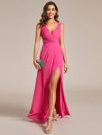 Glittery Sleeveless Double V-Neck Side Slit A-Line Formal Evening Dress – Hot Pink