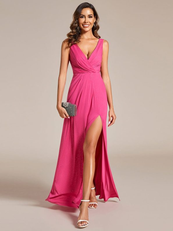 Glittery Sleeveless Double V-Neck Side Slit A-Line Formal Evening Dress - Hot Pink