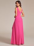 Glittery Sleeveless Double V-Neck Side Slit A-Line Formal Evening Dress – Hot Pink