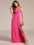 Glittery Sleeveless Double V-Neck Side Slit A-Line Formal Evening Dress – Hot Pink