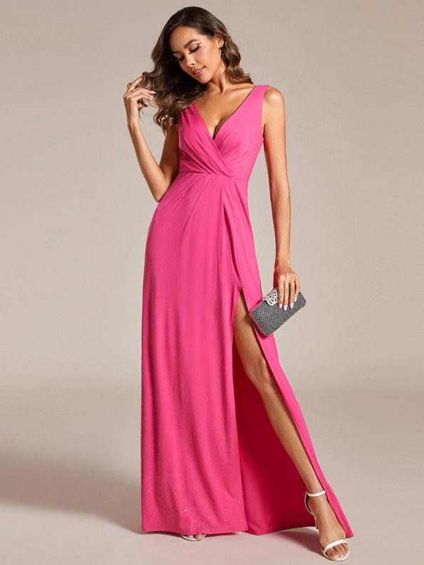 Glittery Sleeveless Double V-Neck Side Slit A-Line Formal Evening Dress - Hot Pink