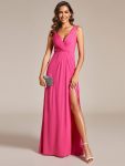 Glittery Sleeveless Double V-Neck Side Slit A-Line Formal Evening Dress - Hot Pink