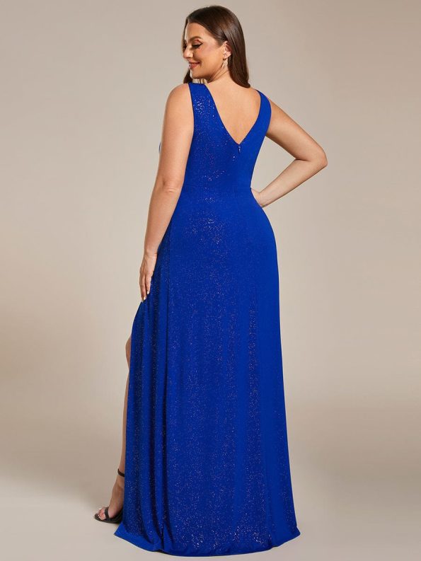 Glittery Sleeveless Double V-Neck Side Slit A-Line Formal Evening Dress - Sapphire Blue