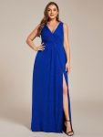 Glittery Sleeveless Double V-Neck Side Slit A-Line Formal Evening Dress – Sapphire Blue