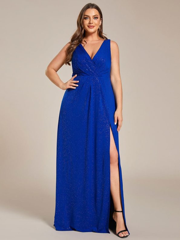 Glittery Sleeveless Double V-Neck Side Slit A-Line Formal Evening Dress - Sapphire Blue