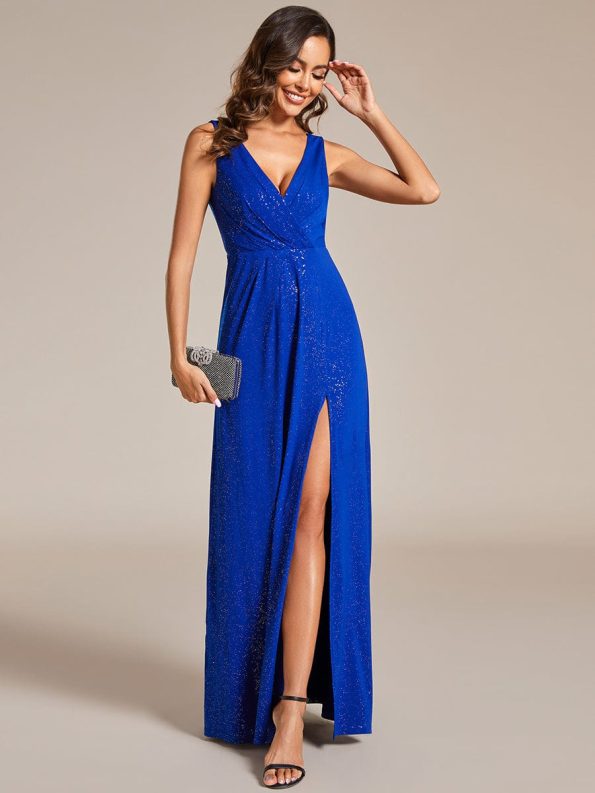 Glittery Sleeveless Double V-Neck Side Slit A-Line Formal Evening Dress - Sapphire Blue