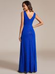 Glittery Sleeveless Double V-Neck Side Slit A-Line Formal Evening Dress – Sapphire Blue