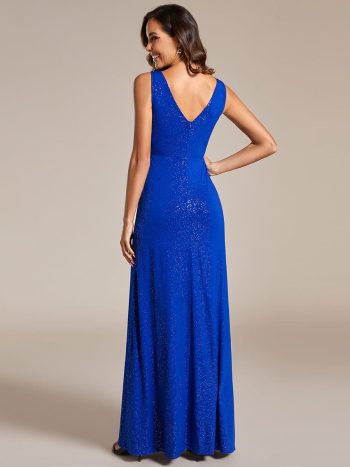 Glittery Sleeveless Double V-Neck Side Slit A-Line Formal Evening Dress - Sapphire Blue