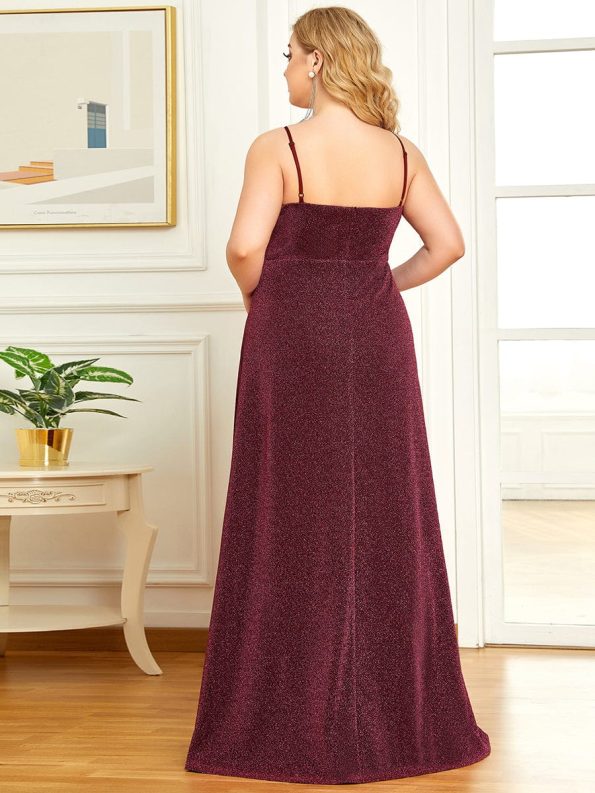 Spaghetti Strap Front Slit Shiny Evening Dress - Burgundy