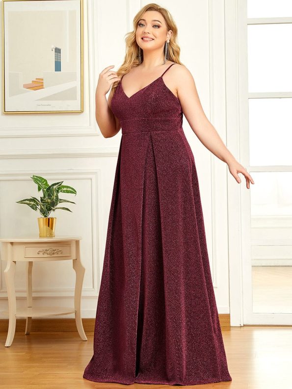 Spaghetti Strap Front Slit Shiny Evening Dress - Burgundy