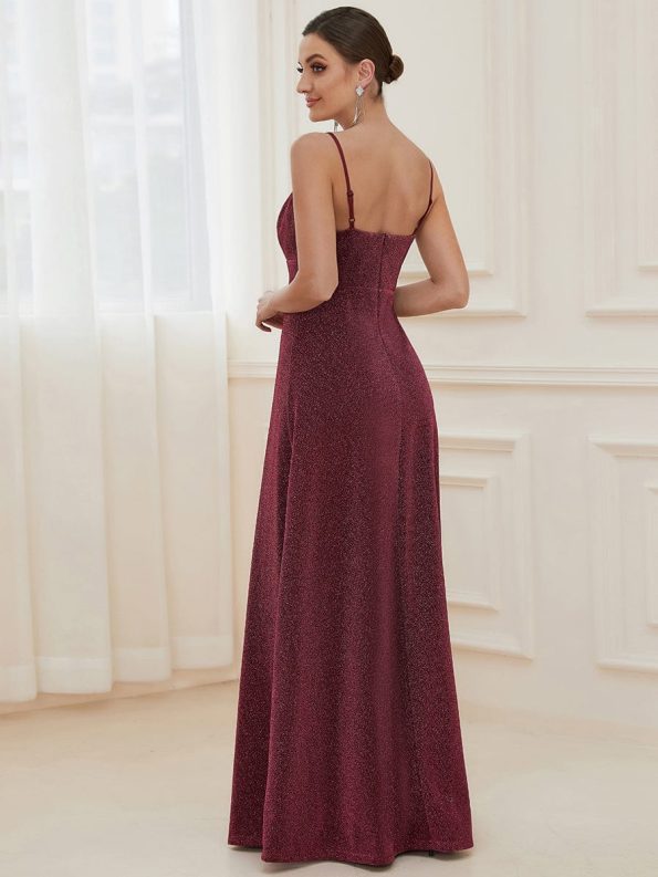 Spaghetti Strap Front Slit Shiny Evening Dress - Burgundy