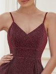 Spaghetti Strap Front Slit Shiny Evening Dress – Burgundy