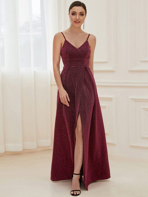 Spaghetti Strap Front Slit Shiny Evening Dress - Burgundy