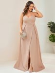 Spaghetti Strap Front Slit Shiny Evening Dress – Blush