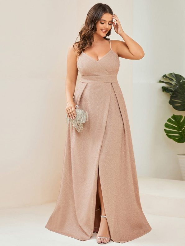 Spaghetti Strap Front Slit Shiny Evening Dress - Blush