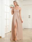 Spaghetti Strap Front Slit Shiny Evening Dress – Blush