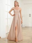 Spaghetti Strap Front Slit Shiny Evening Dress – Blush