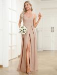 Spaghetti Strap Front Slit Shiny Evening Dress - Blush