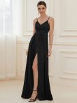 Spaghetti Strap Front Slit Shiny Evening Dress – Black