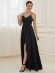 Spaghetti Strap Front Slit Shiny Evening Dress – Black