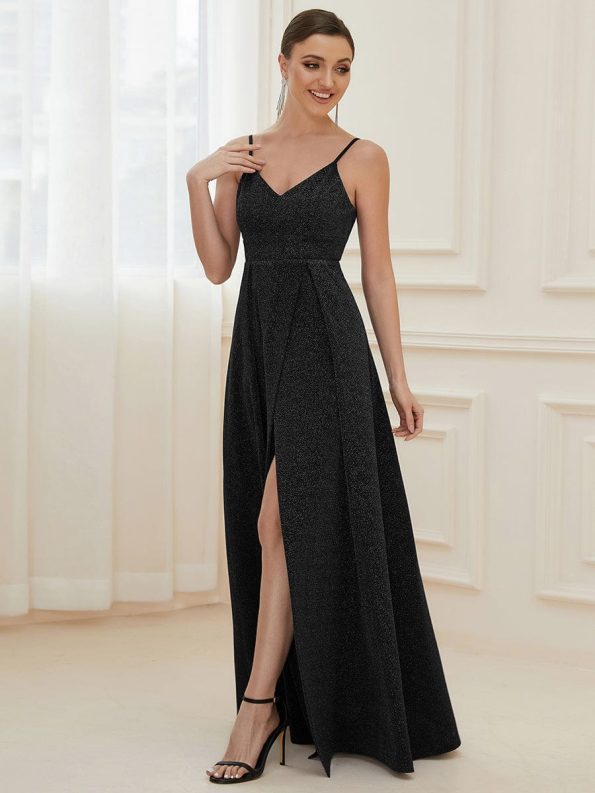 Spaghetti Strap Front Slit Shiny Evening Dress - Black