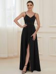 Spaghetti Strap Front Slit Shiny Evening Dress - Black