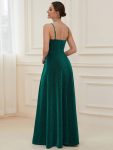 Spaghetti Strap Front Slit Shiny Evening Dress – Dark Green