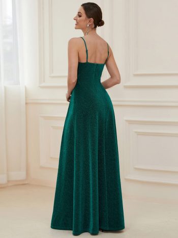 Spaghetti Strap Front Slit Shiny Evening Dress - Dark Green