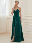 Spaghetti Strap Front Slit Shiny Evening Dress – Dark Green