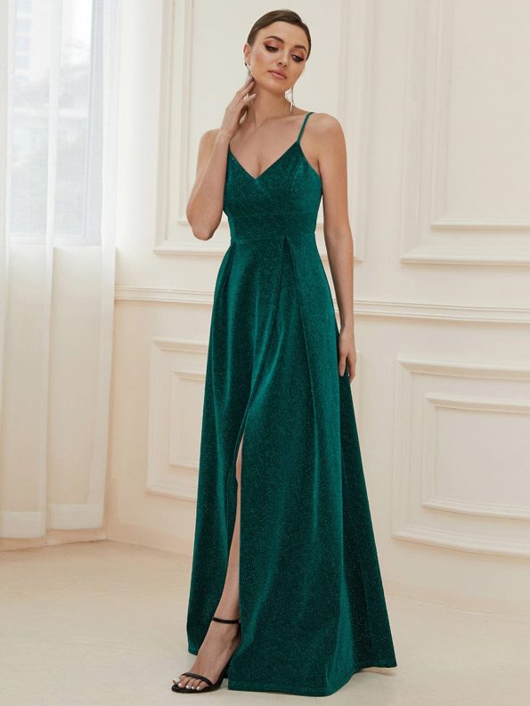 Spaghetti Strap Front Slit Shiny Evening Dress - Dark Green