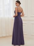 Spaghetti Strap Front Slit Shiny Evening Dress – Dark Purple