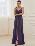 Spaghetti Strap Front Slit Shiny Evening Dress – Dark Purple