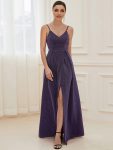 Spaghetti Strap Front Slit Shiny Evening Dress – Dark Purple