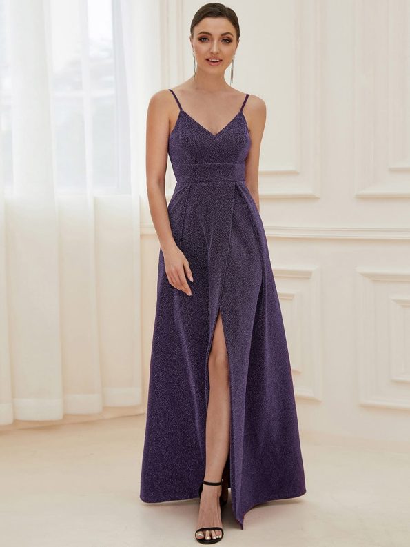 Spaghetti Strap Front Slit Shiny Evening Dress - Dark Purple