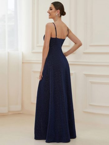 Spaghetti Strap Front Slit Shiny Evening Dress - Navy Blue