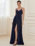 Spaghetti Strap Front Slit Shiny Evening Dress - Navy Blue