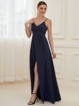 Spaghetti Strap Front Slit Shiny Evening Dress – Navy Blue