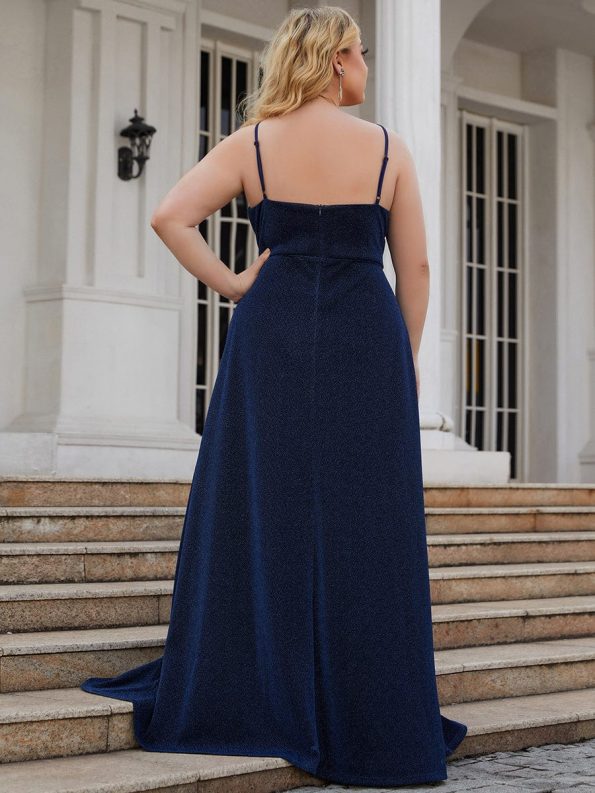 Spaghetti Strap Front Slit Shiny Evening Dress - Navy Blue