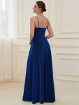 Spaghetti Strap Front Slit Shiny Evening Dress – Sapphire Blue